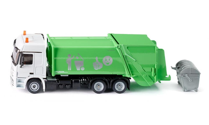siku 2938, Müllwagen, 1:50, Metall/Kunststoff, Grün/Weiss, Öffenbarer Heckbereich, Inkl. Mülltonne,