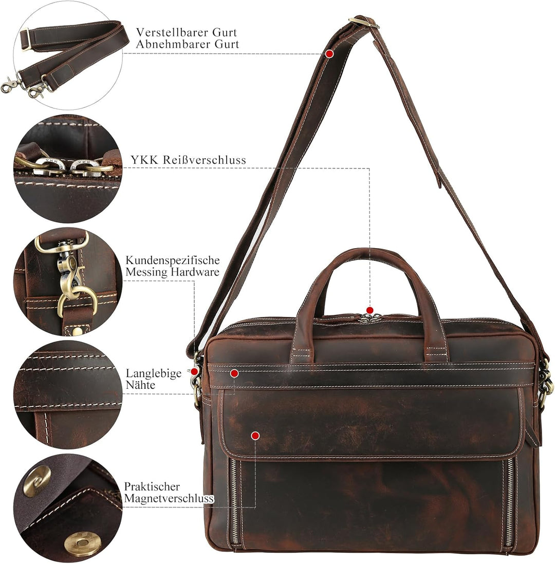 TIDING Laptoptasche 17,3 zoll Leder Aktentasche Herren Vintage Businesstasche Grosse Umhängetasche f