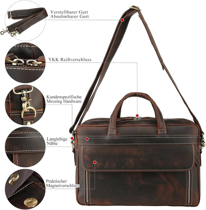 TIDING Laptoptasche 17,3 zoll Leder Aktentasche Herren Vintage Businesstasche Grosse Umhängetasche f