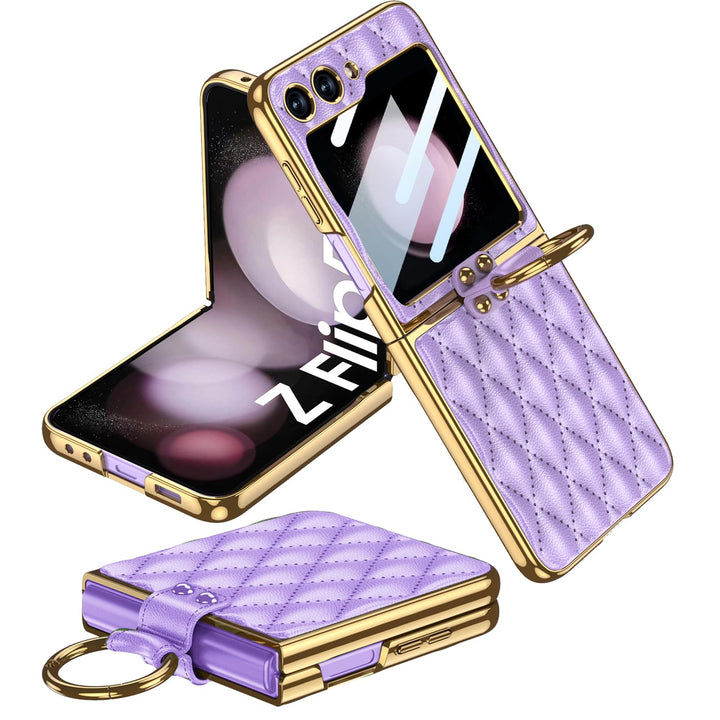 Miimall Lederhülle Kompatibel mit Samsung Galaxy Z Flip 5 Hülle mit Kameraschutz+Ring Ständer Galvan