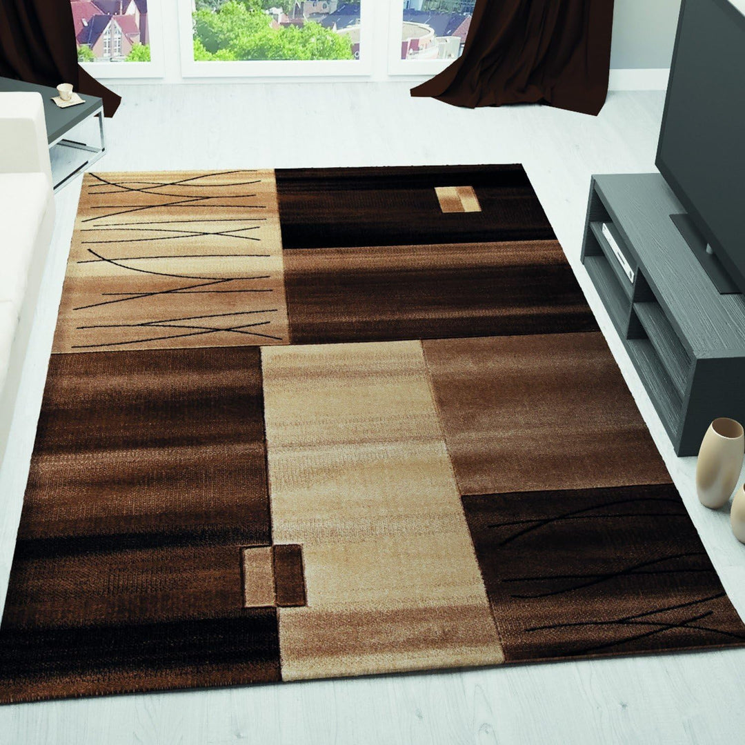 VIMODA Designer Teppich Wohnzimmer Braun Beige Kacheloptik mit Farbverlauf und Konturenschnitt, Mass