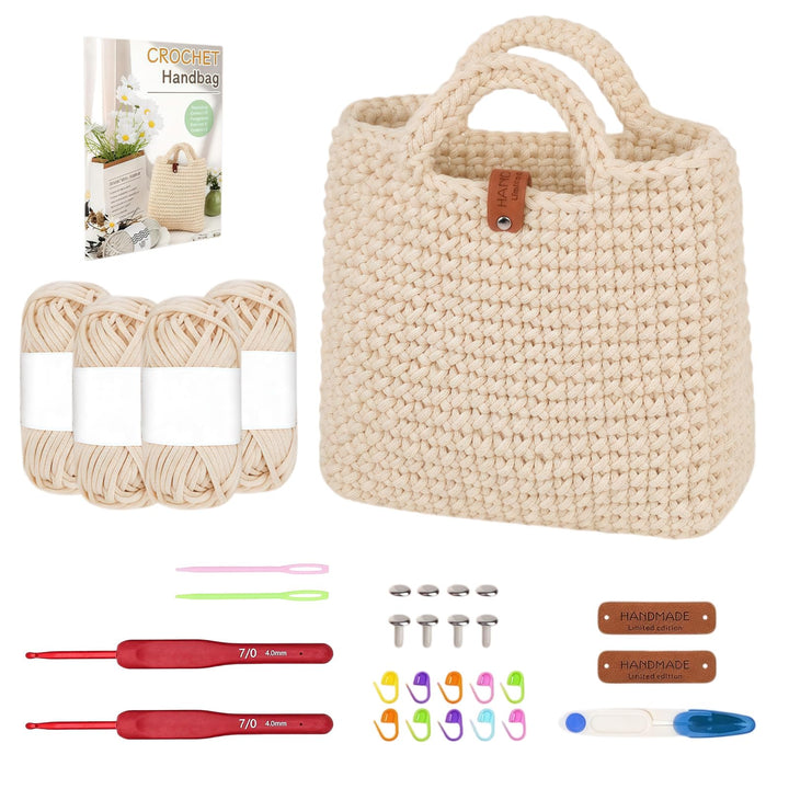Tasche Häkeln Set, Häkelset Tasche mit Häkelnadel und 4 Knäuel Wolle