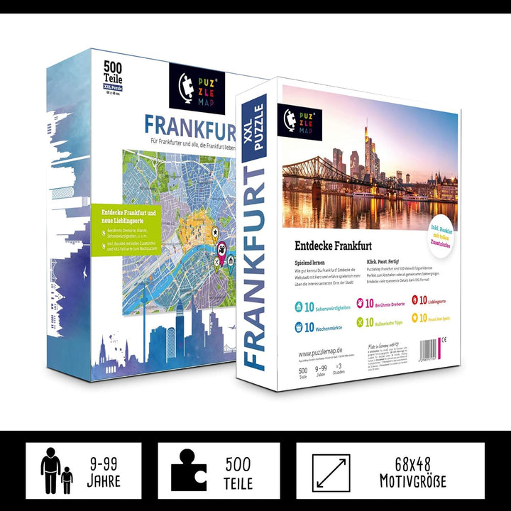 Frankfurt Puzzle Stadtplan - XXL 500 Teile - Mit Booklet & Faltkarte - 68x48cm Motivgrösse - Reisefü
