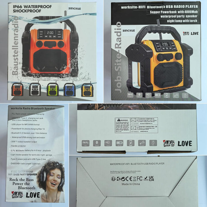Bingxue FM-Radio-Empfänger, USB-Bluetooth-Lautsprecher mit Uhr-Alarm/LED-Lichtern, tragbar, Antikoll
