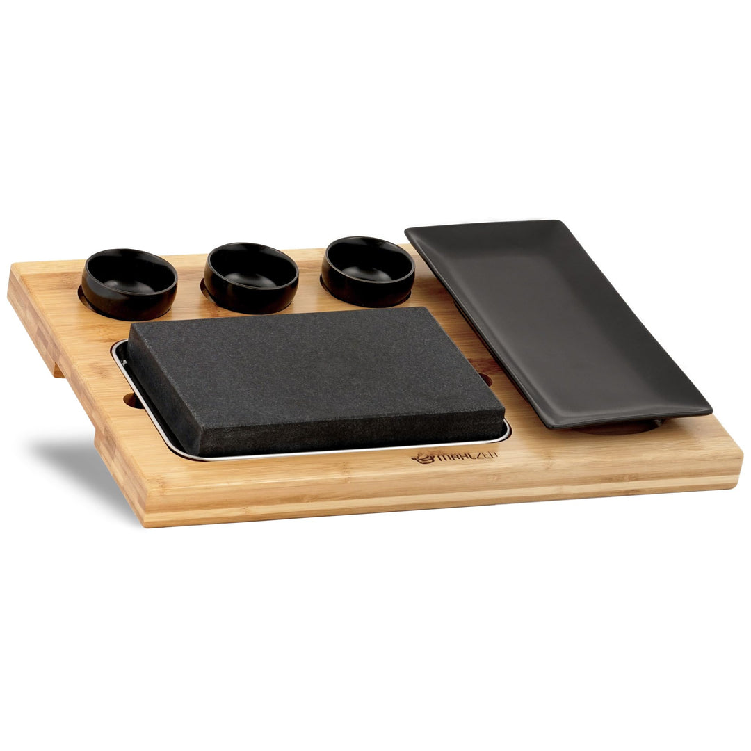 Mahlzeit Lavastein Set (7-teilig) | Set mit heissem Stein, Teller und Dipschalen auf praktischem Hol