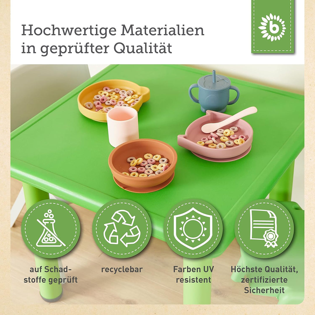 Bieco Kinder Tisch mit 2 Stühlen | Stapelbar & Kippsicher | Maltisch und Basteltisch Grün & Grün, Gr