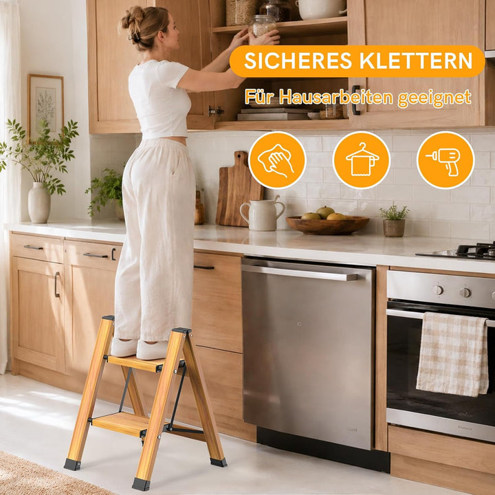 KULACO Trittleiter 2 Stufen klappbar, Aluminium Klappleiter, Tragbare Stufenleiter, rutschfeste Haus