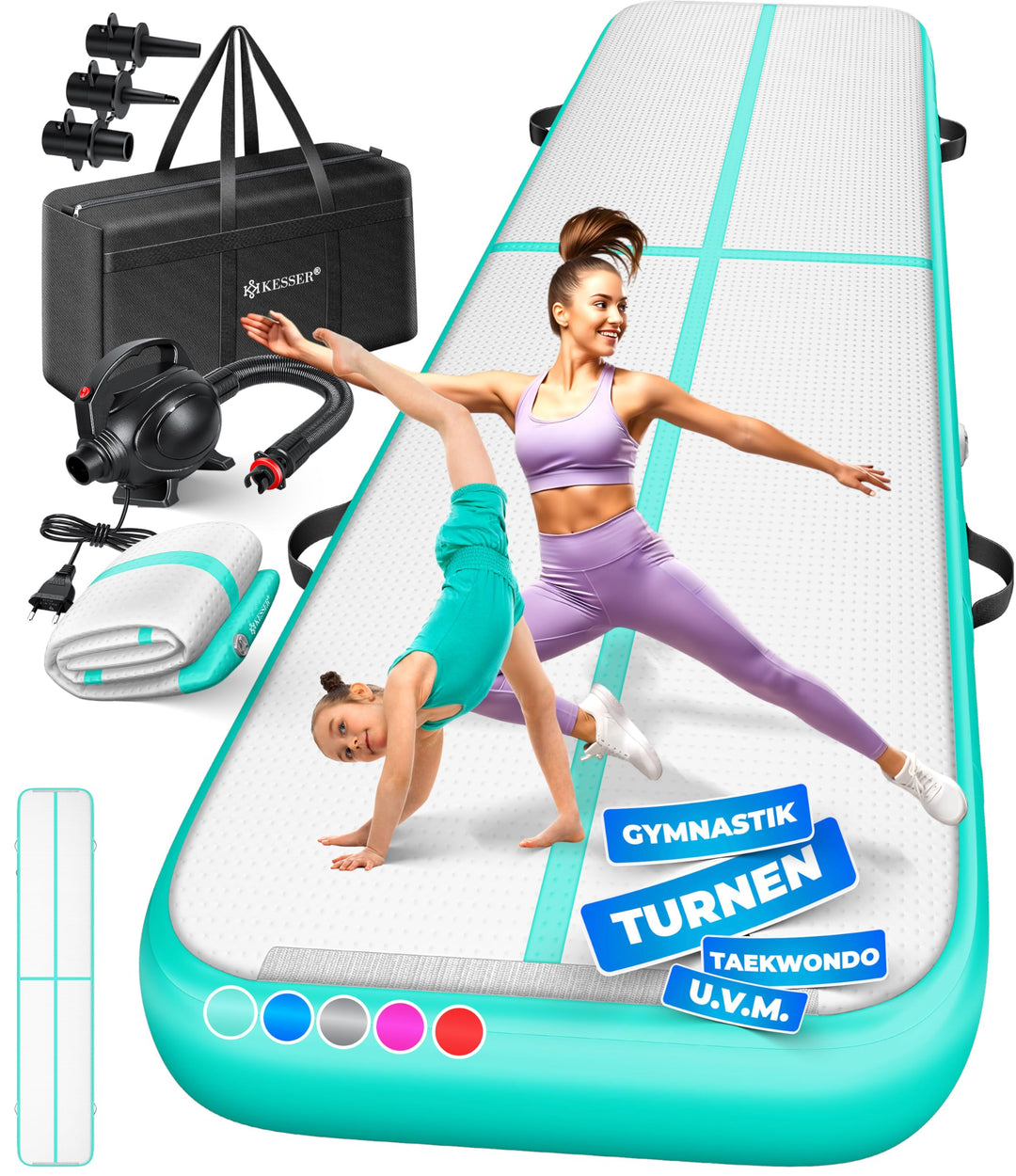 KESSER® Turnmatte Aufblasbar Airtrack Fitness-Matte Gymnastikmatte | inkl. Tragetasche &amp; elektr. Luf