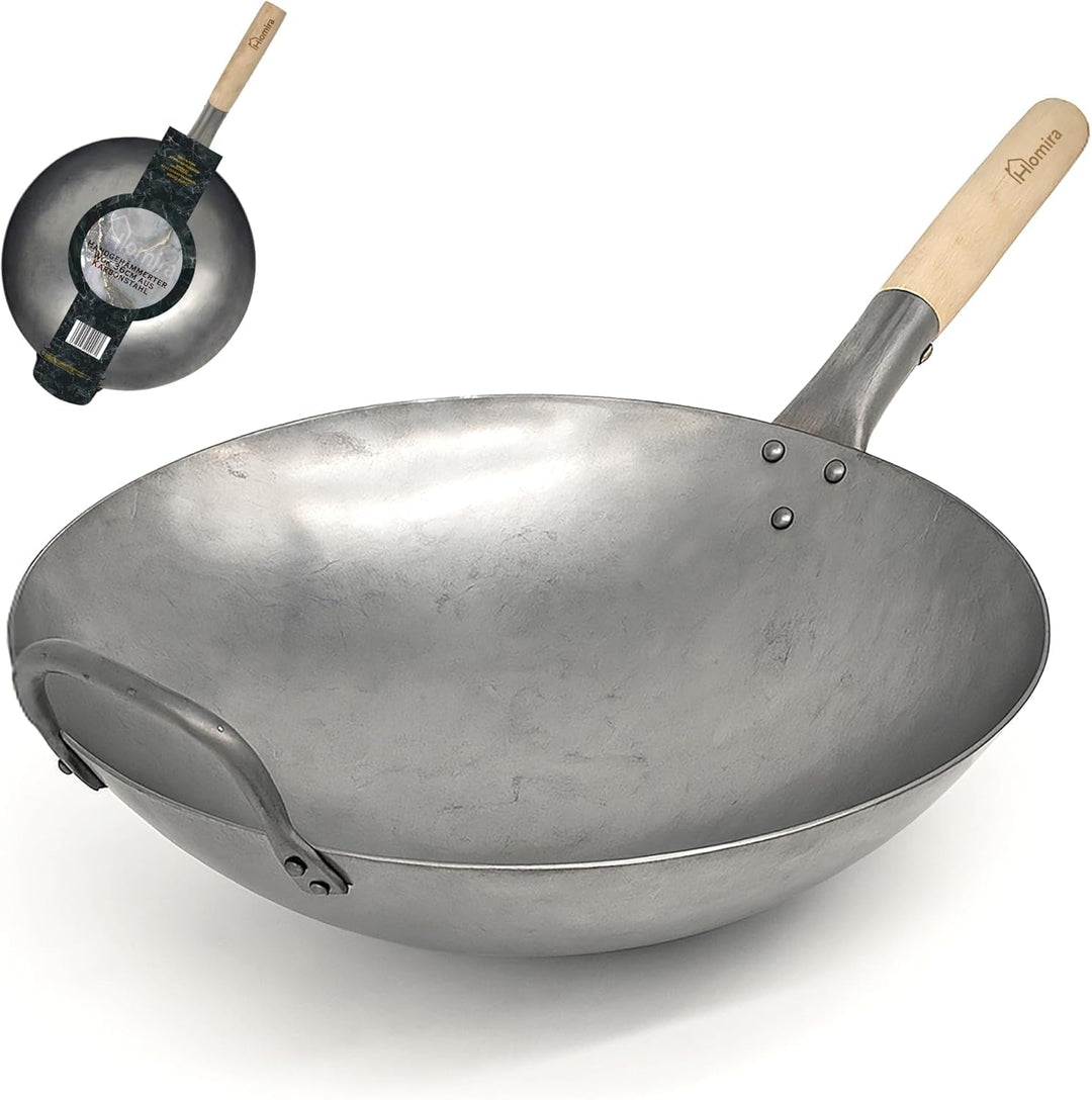 Homira Wok 36cm handgehämmert aus Karbonstahl mit rundem Boden und Holzgriff – traditionelle Wokpfan