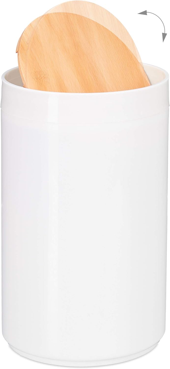 Relaxdays Kosmetikeimer, Bambus Schwingdeckel, moderner Bad Mülleimer, Kunststoff, 5,5 L, H, B x D: