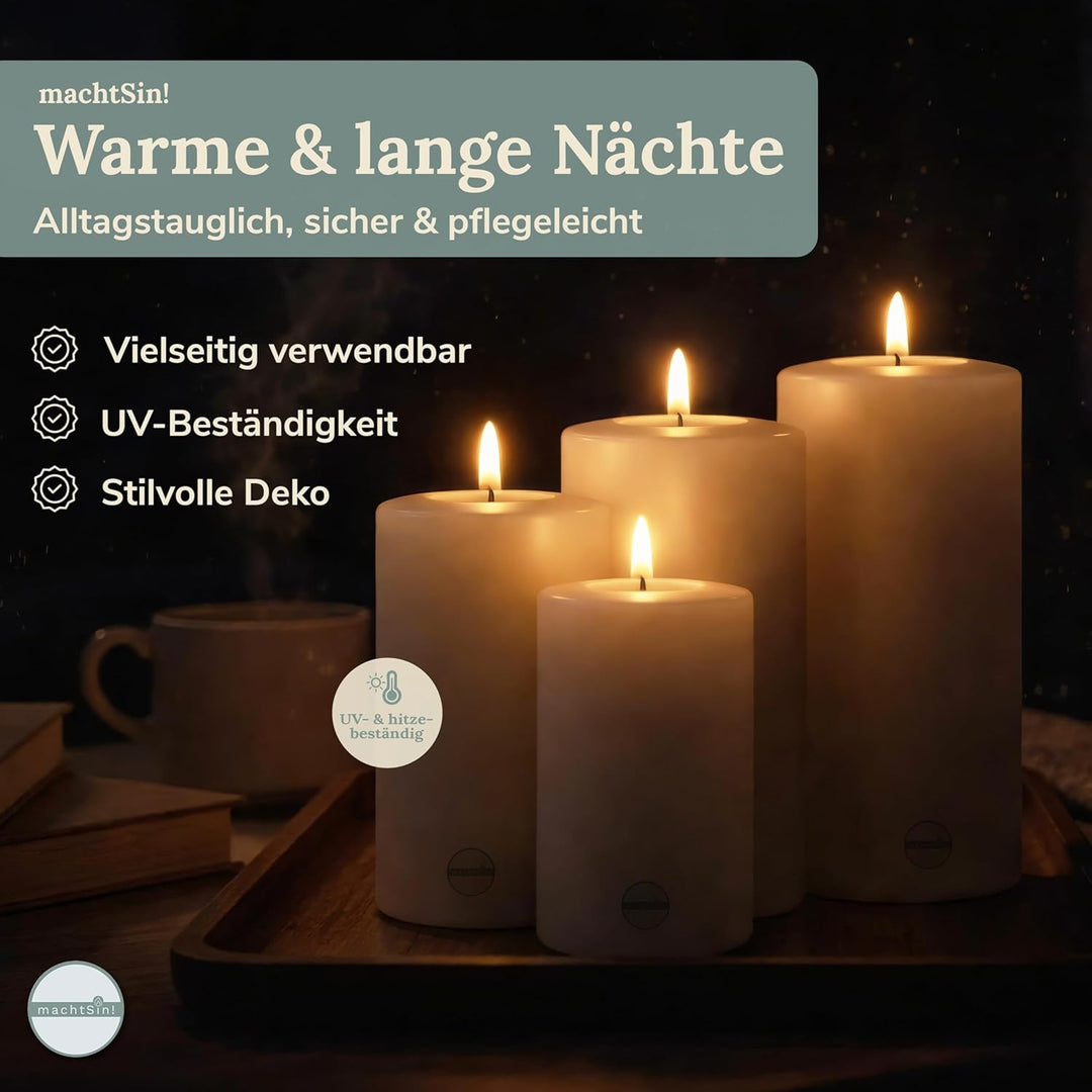 machtSin! Teelichthalter in Kerzenoptik warmweiss – ∅ 8cm, Höhe 9cm: Dauerkerze Stumpenkerzen aus sp