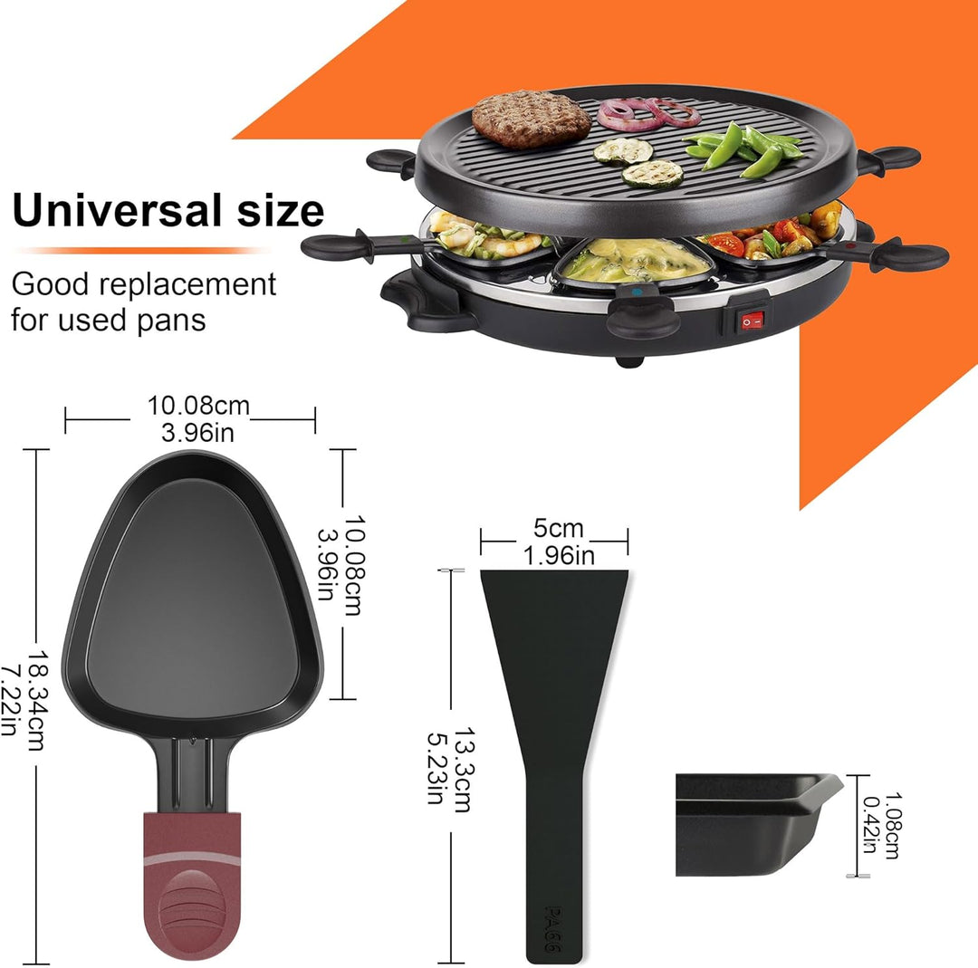 8er Set Raclette Pfännchen antihaftbeschichtet, Mini Grill Pfännchen Ersatz mit 8 Schaber und buntem