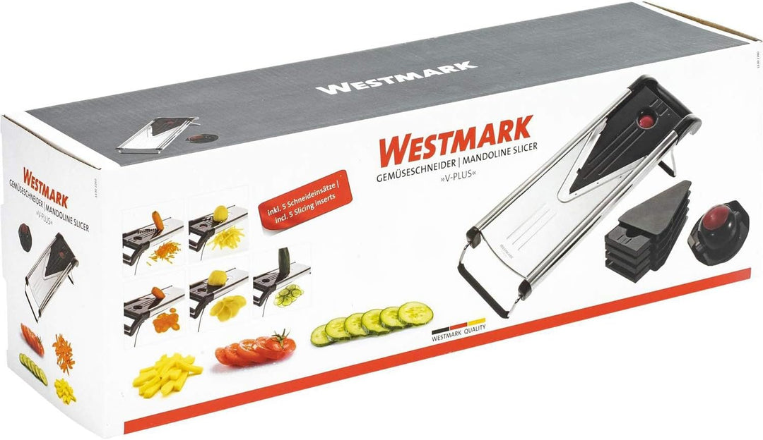 Westmark Gemüseschneider/ -hobel, Mit 5 Schneidaufsätzen, Edelstahlklingen, V-Plus, Schwarz/Silber/R