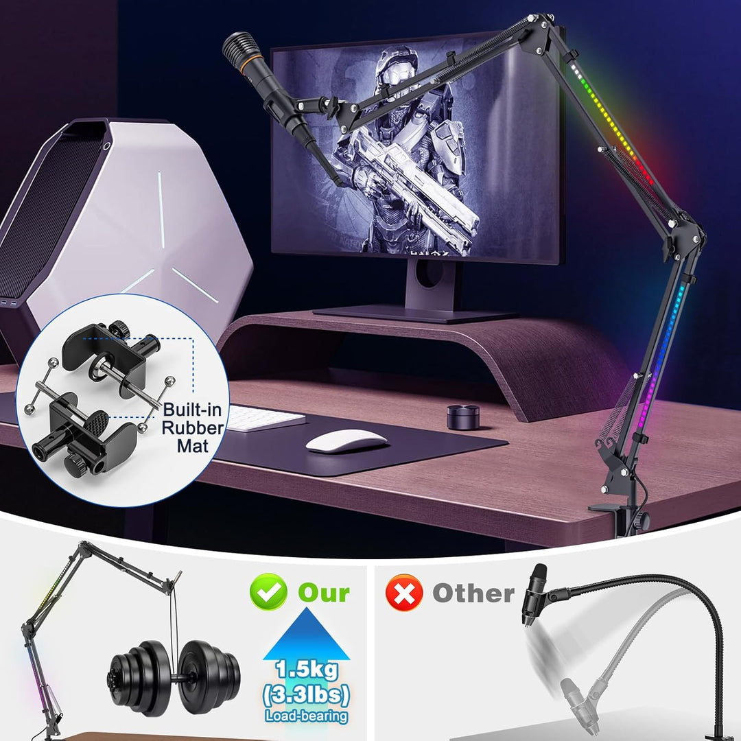 Jubor Mikrofon Boom Arm mit RGB Licht, Mikrofonarm Schreibtisch mit 3/8" bis 5/8" Schraube, Verstell