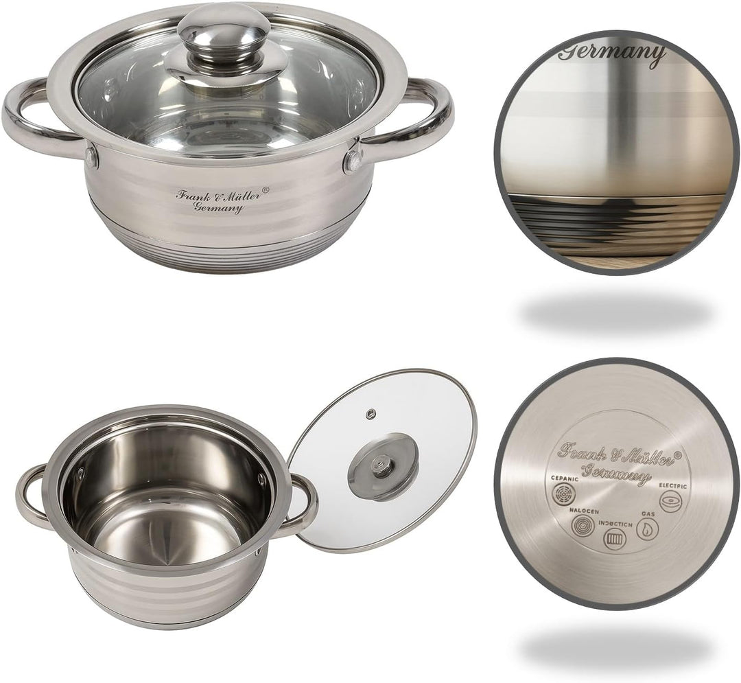Edelstahl Topfset 5-teilig mit Glasdeckel und Messskala | Induktionsgeeignetes Kochtopfset aus Edels