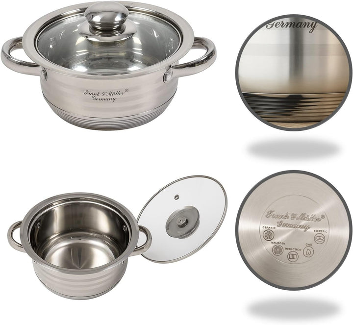 Edelstahl Topfset 5-teilig mit Glasdeckel und Messskala | Induktionsgeeignetes Kochtopfset aus Edels