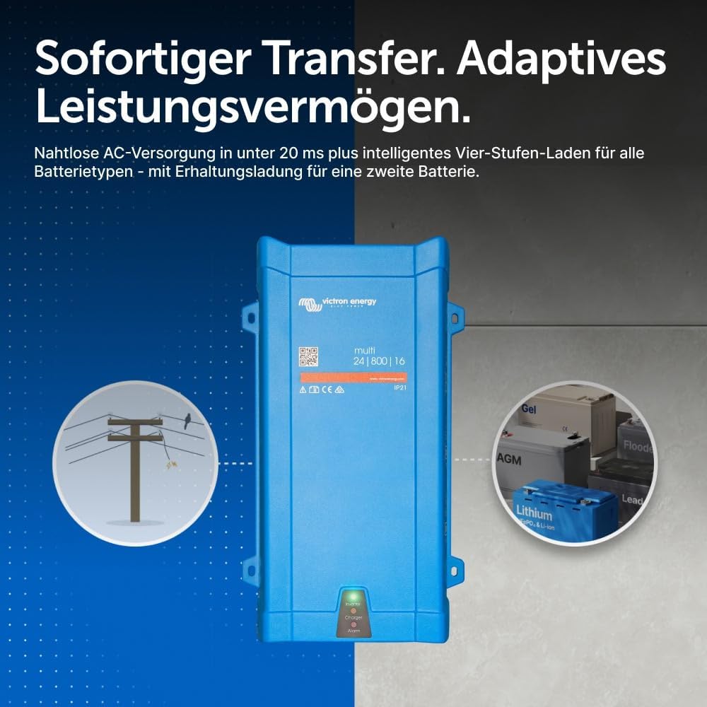 Victron Energy MultiPlus 800VA 24-Volt 230V Reiner Sinus Wechselrichter 16 Amp Batterie Ladegerät 24