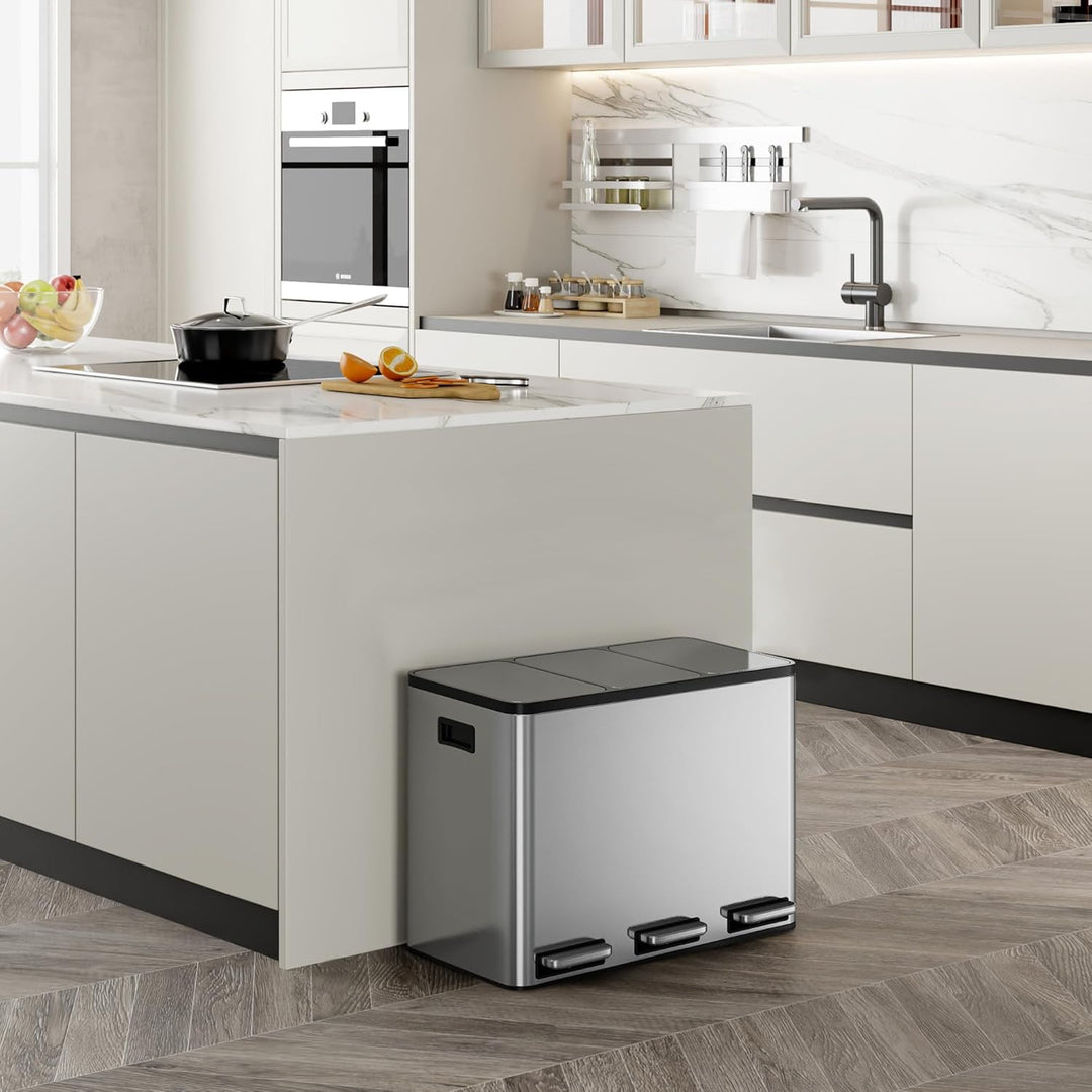 VonHaus Mülleimer Küche 3 Fächer, 45L Recycling Mülltrennsystem – Abfalleimer Biomüll, Rutschfester