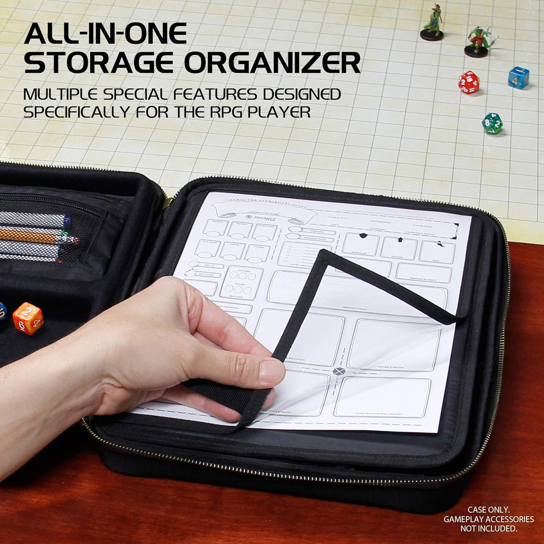 ENHANCE RPG-Organizer-Etui – DND-Ordner mit integriertem Charakterbogenhalter, Würfelrollbereich, he