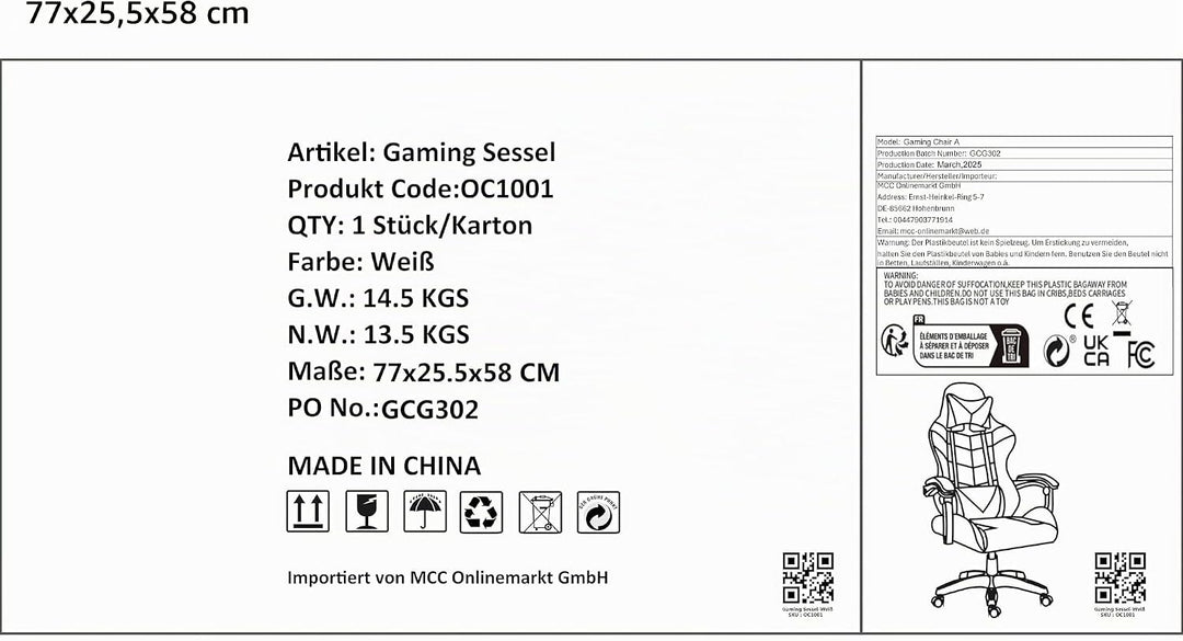 mcc direct Bürostuhl Ergonomisch, Schreibtischstuhl, Drehstuhl, Gaming Sessel, Gamingstuhl (Grau), G