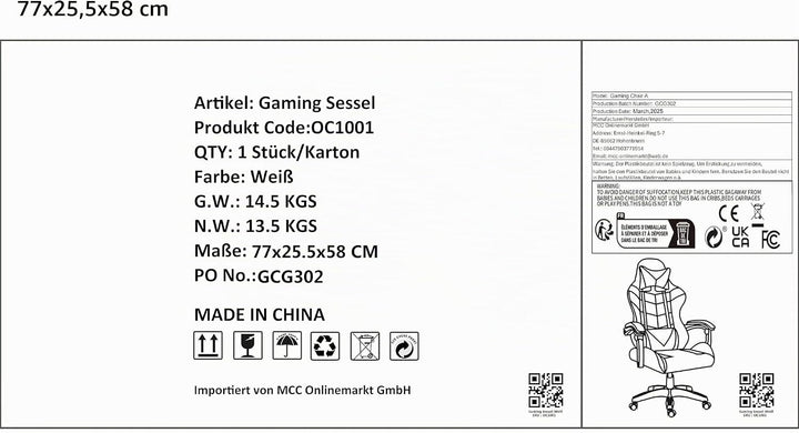 mcc direct Bürostuhl Ergonomisch, Schreibtischstuhl, Drehstuhl, Gaming Sessel, Gamingstuhl (Grau), G