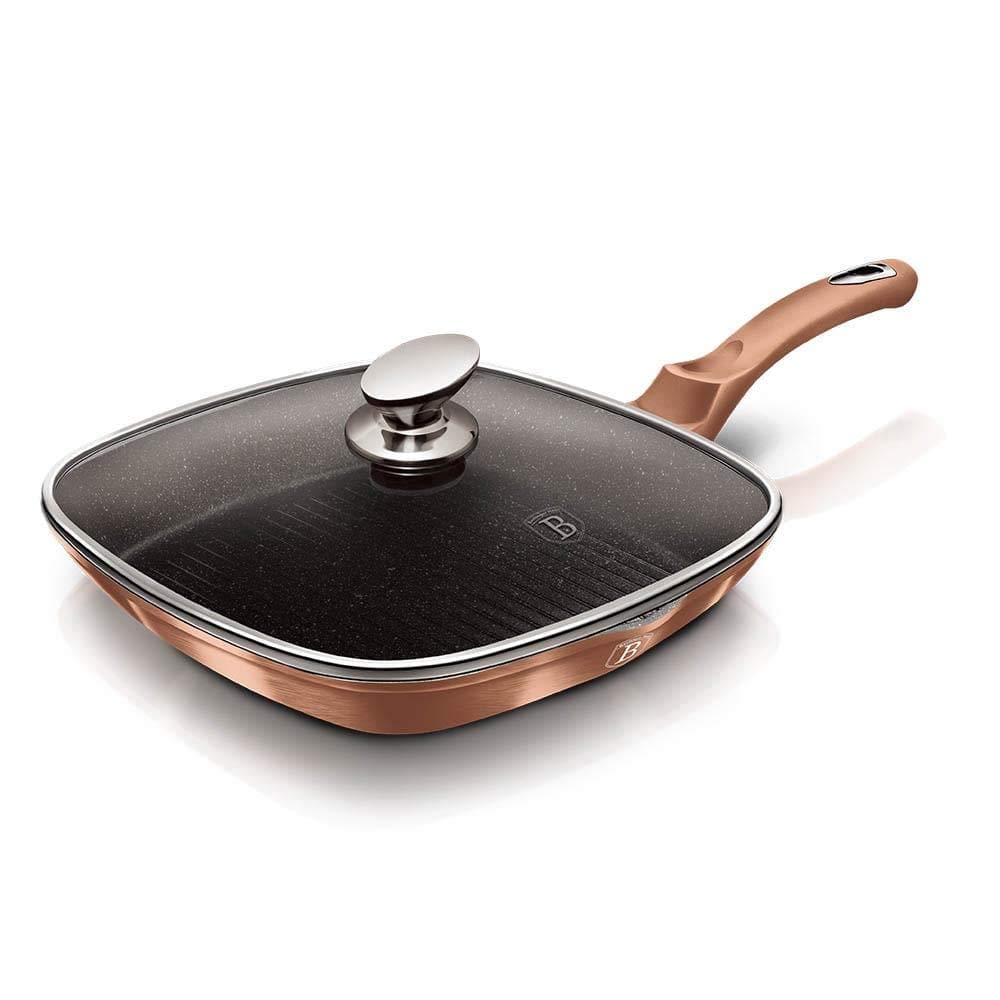 BerlingerHaus Metallic Line- Rose Gold Edition Grillpfanne mit Deckel, 28 cm, BH/1610N Rosegold Edel