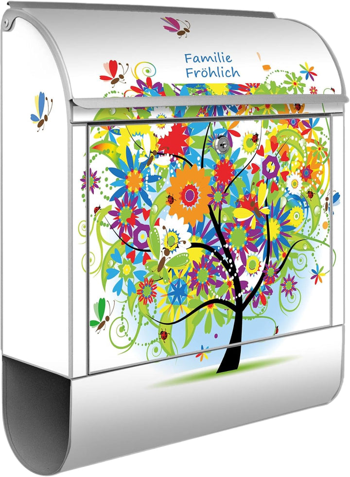 banjado® Design Briefkasten personalisiert Märchenzauberbaum 38,5x46,5x13cm & 2 Schlüssel - Briefkas
