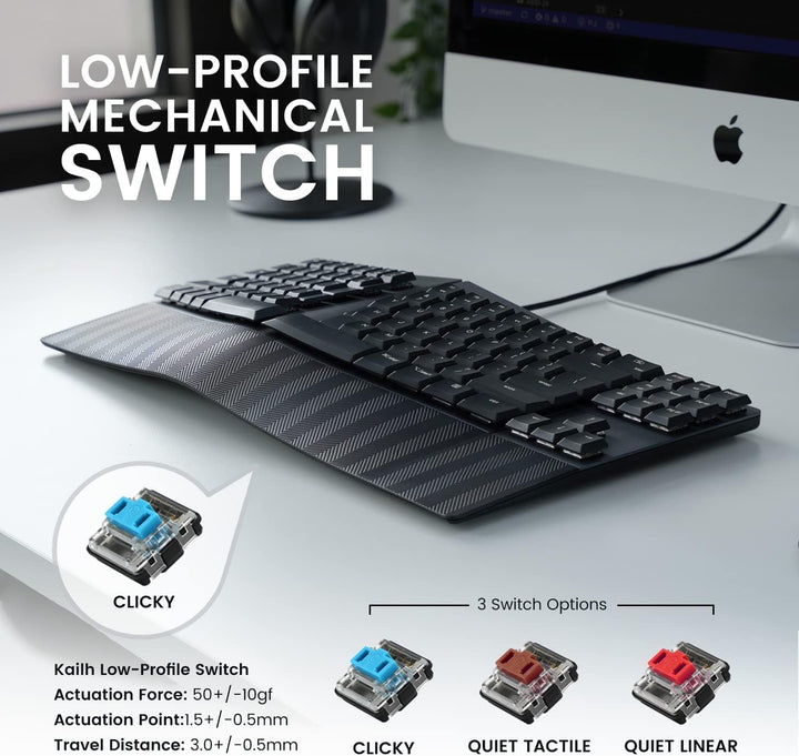 Perixx PERIBOARD335BL Kabelgebundene ergonomische mechanische kompakte Tastatur – Flache Blaue Klick