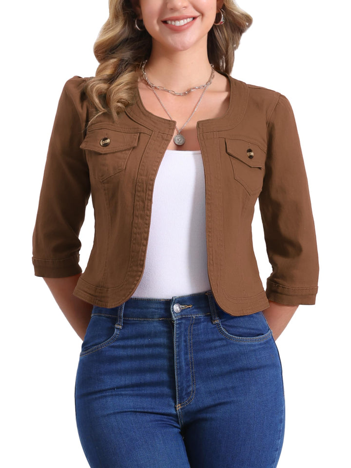 Allegra K Damen Jeansjacke 3/4 Ärmel Open Front Kragenlos Jacke mit Taschen XS Braun