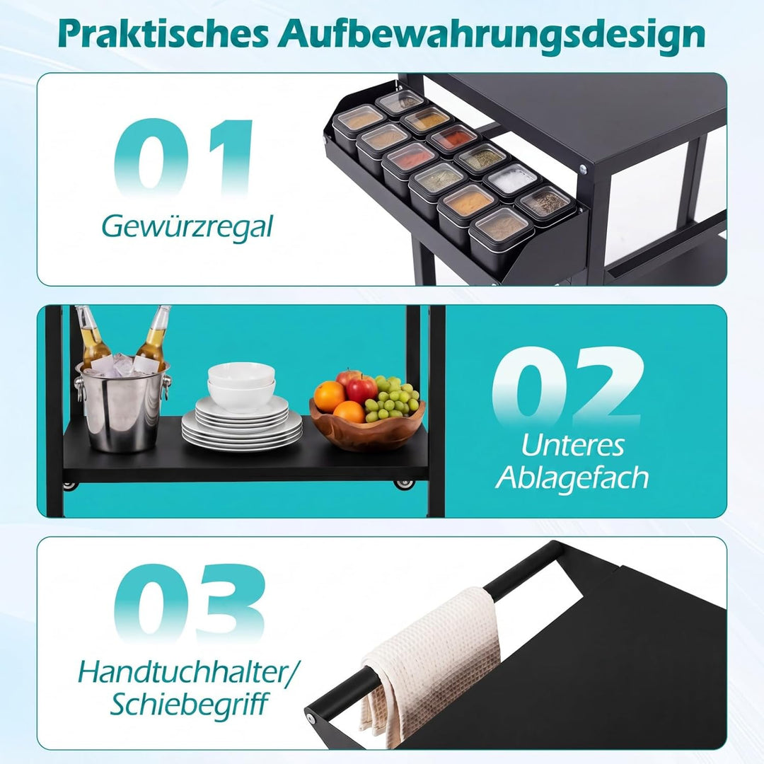 COSTWAY Grillwagen Outdoor, Grilltisch auf Rollen, Pizzatisch mit 2 Ablagen, Griff & Gewürzregal, Se