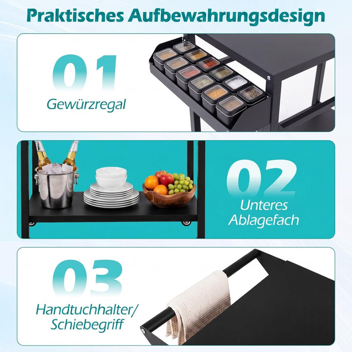 COSTWAY Grillwagen Outdoor, Grilltisch auf Rollen, Pizzatisch mit 2 Ablagen, Griff & Gewürzregal, Se