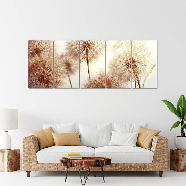Runa Art Wandbild XXL Blumen Pusteblumen Wohnzimmer Schlafzimmer 200 x 80 cm Beige 5 Teilig - Made i