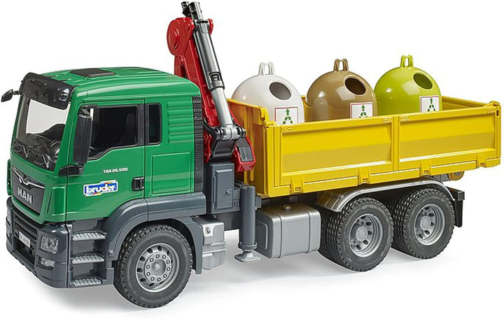 bruder 03753 - Man TGS Kran LKW mit 3 Altglascontainern & Flaschen - 1:16 Lastwagen Laster Kranwagen