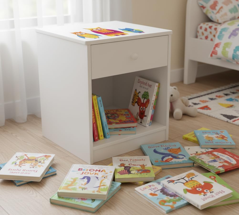 Leomark Nachttisch aus Holz - Eulen - Nachtschränkchen mit Schublade, Nachtschrank für Kinder, Weiss