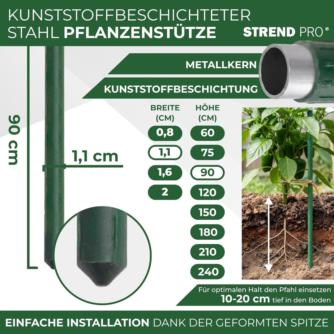 STREND PRO Pflanzstäbe 90 cm - 25 Stk. Set | Ø 11 mm Stahl + Kunststoff | Rankstab Grün für Blumen,