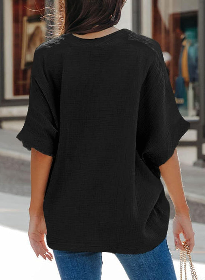 Dokotoo Damen Bluse V-Ausschnitt Musselin Tunika Shirt Oberteil Sommer Kurzarm Locker Longshirt Tops