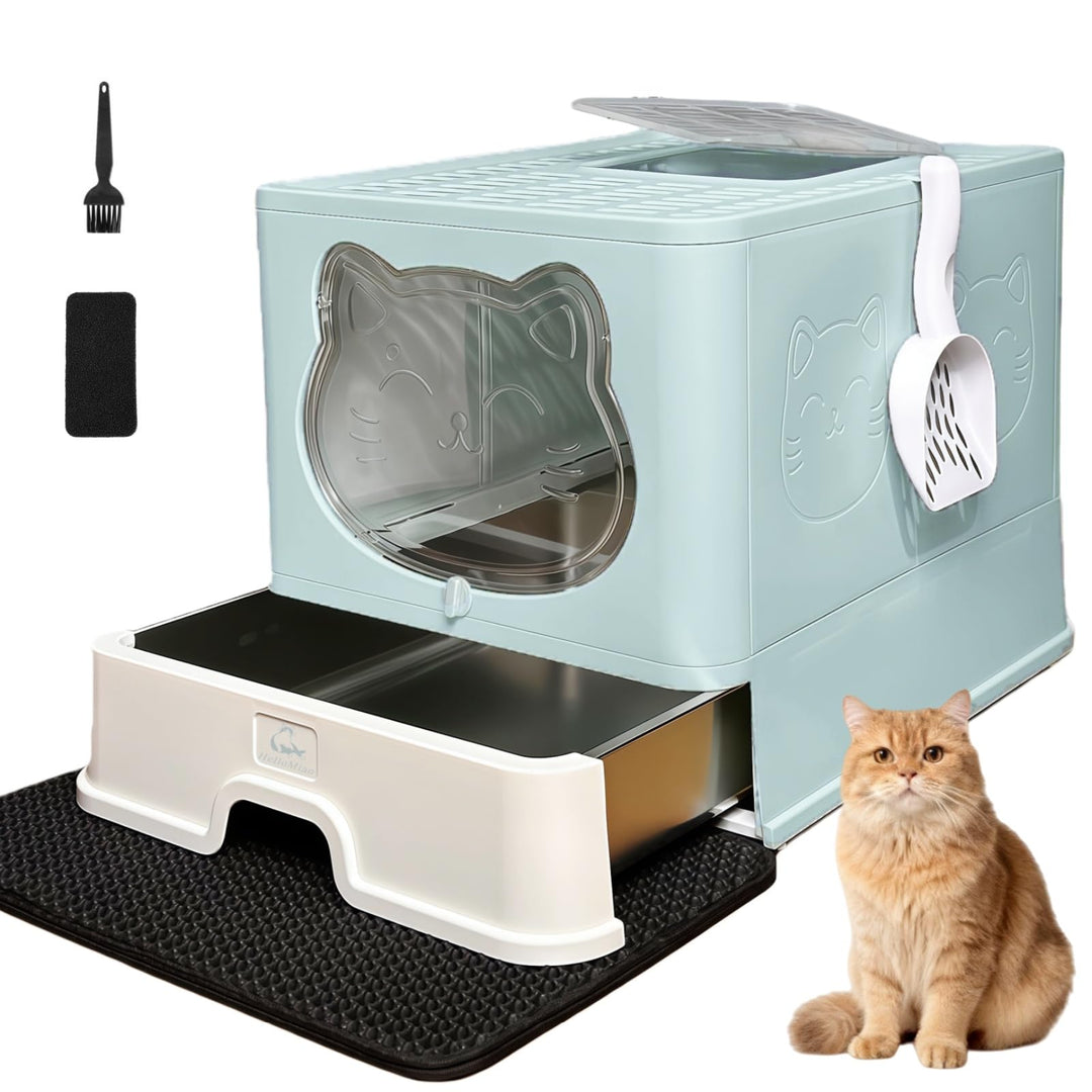 Geschlossenes Katzenklo mit Dach/Deckel & rostfreier Edelstahl-Schublade - Katzentoilette mit Aktivk