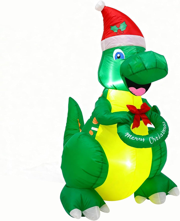 Ycolnaefllr 152 cm Weihnachtsdekoration aufblasbarer Dinosaurier, grüner Dinosaurier mit Weihnachtsm