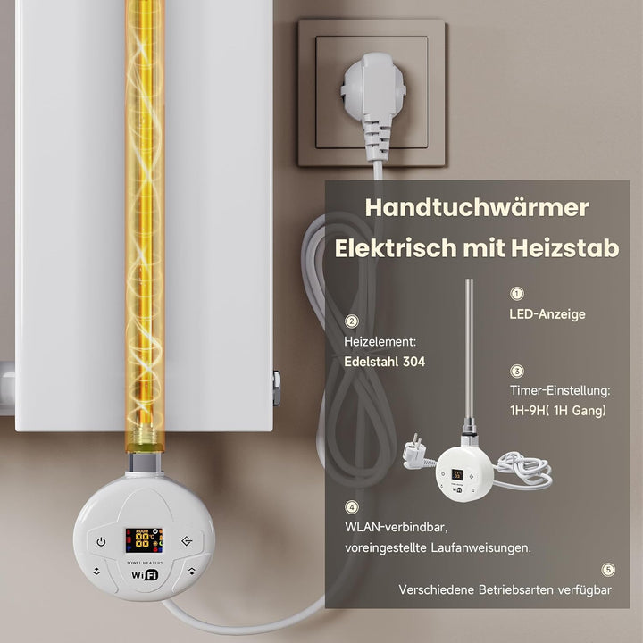 Heizstab mit Thermostat für Badheizkörper WiFi Programmierbare Elektroheizstab mit Temperaturregelun