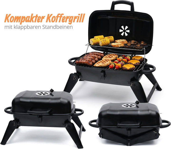 Relaxdays Tischgrill, tragbarer Klappgrill, HBT: 34 x 59 x 36 cm, Warmhalterost, Lüftung, Kohlegrill