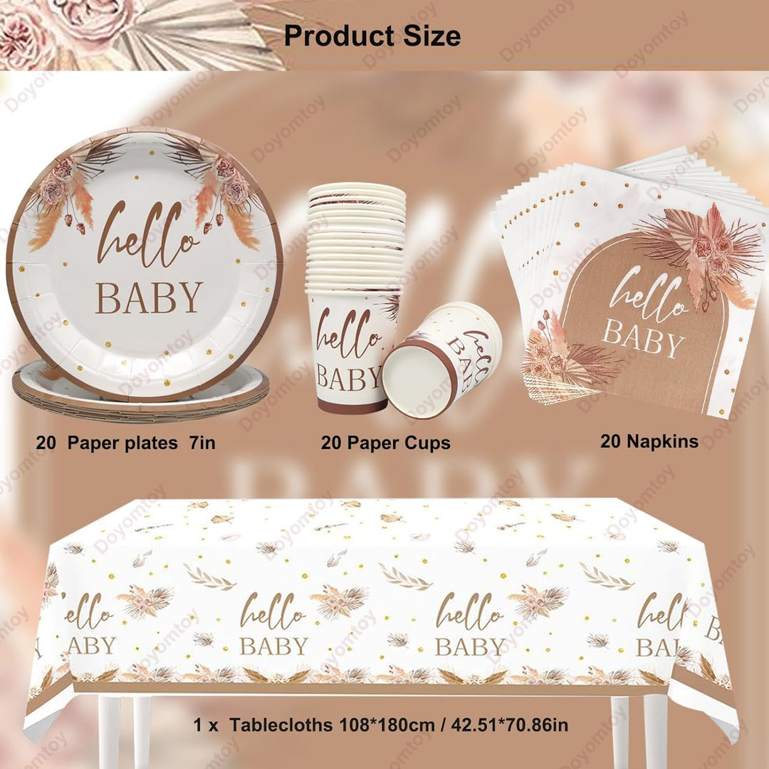 Doyomtoy Boho Baby Shower Partygeschirr,61Stück Baby Shower Papiergeschirr Set - Pappteller Papiertü