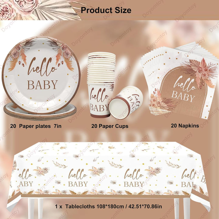 Doyomtoy Boho Baby Shower Partygeschirr,61Stück Baby Shower Papiergeschirr Set - Pappteller Papiertü