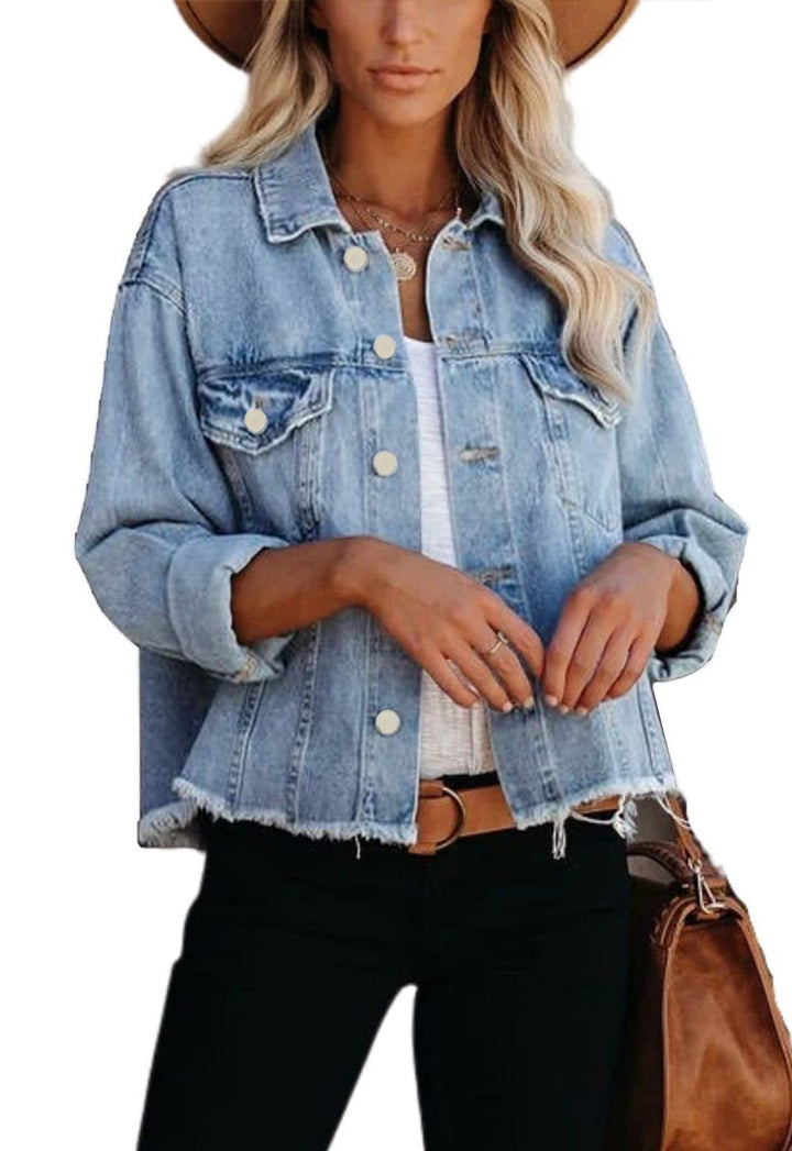 JayscreateEU Female Jeansjacke Kurze jacke Denim Jean Mantel Outwear Lange Ärmel Damen Jeansjacke mi