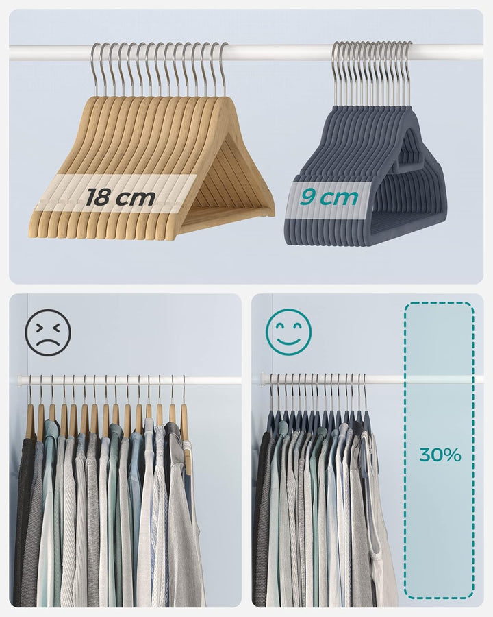 SONGMICS Kleiderbügel Samt, 20er Set, Bügel, rutschfest, kleine Stange für Krawatten, 360° drehbarer