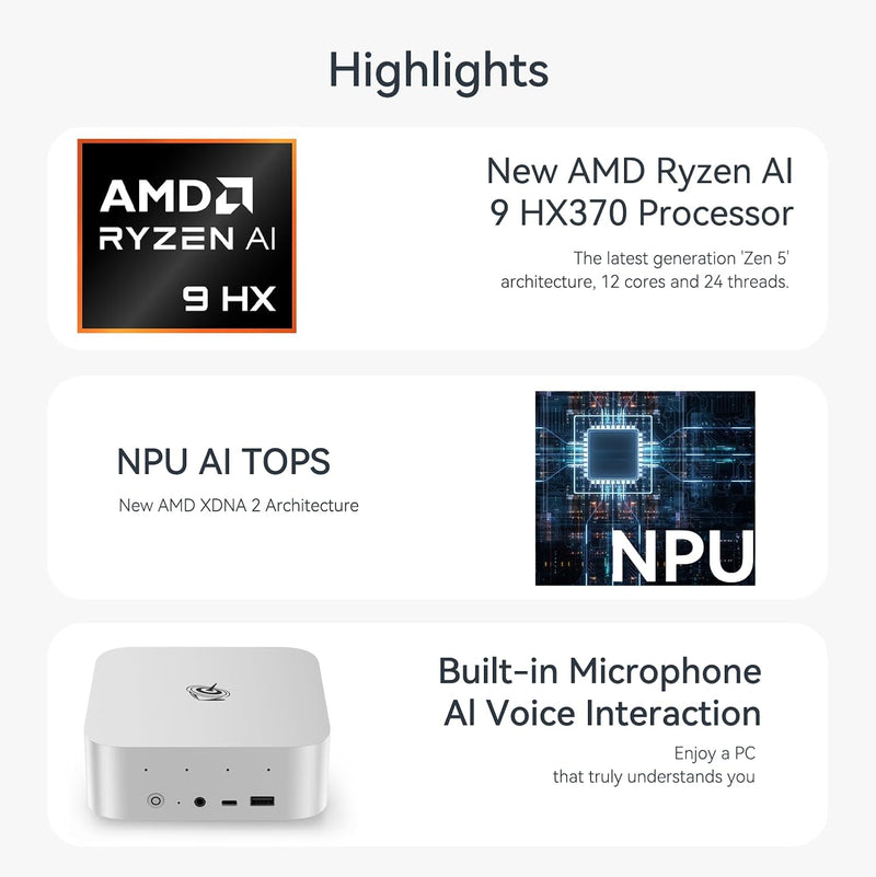 Beelink SER9 Mini PC, AMD Ryzen 9 AI HX 370(12C/24T bis zu 5,1GHz), 32GB LPDDR5X 1TB PCIe4.0 SSD Min