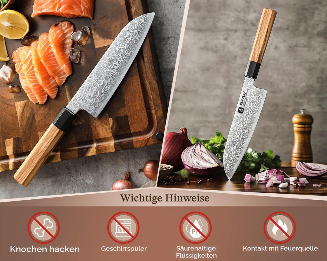 XINZUO 18,5cm Santokumesser, 67 Schichten Damaststahl Küchenmesser Multifunktions Damastmesser Profi