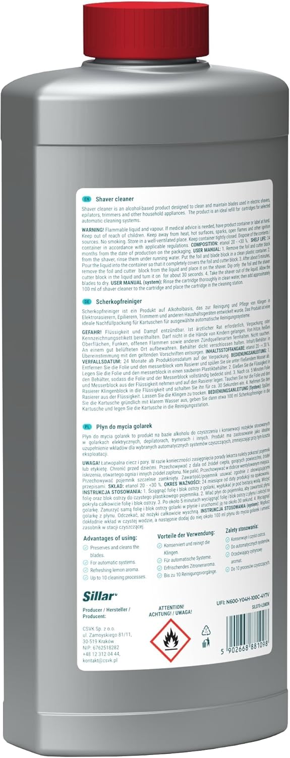Sillar Scherkopfreiniger Nachfüllflüssigkeit 1L – Zitronen - Kompatibel mit Braun CCR Serie 3, 5, 7,