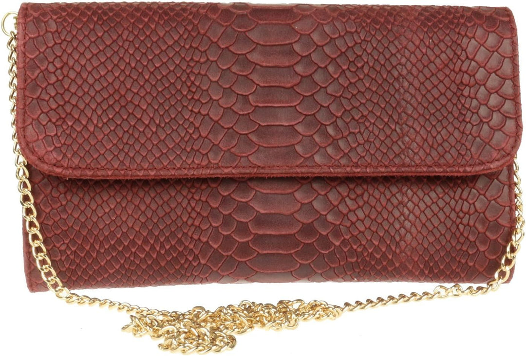 Girly Handbags Clutch aus Wildleder mit Schlangenmuster aus italienischem Leder Burgund, Burgund