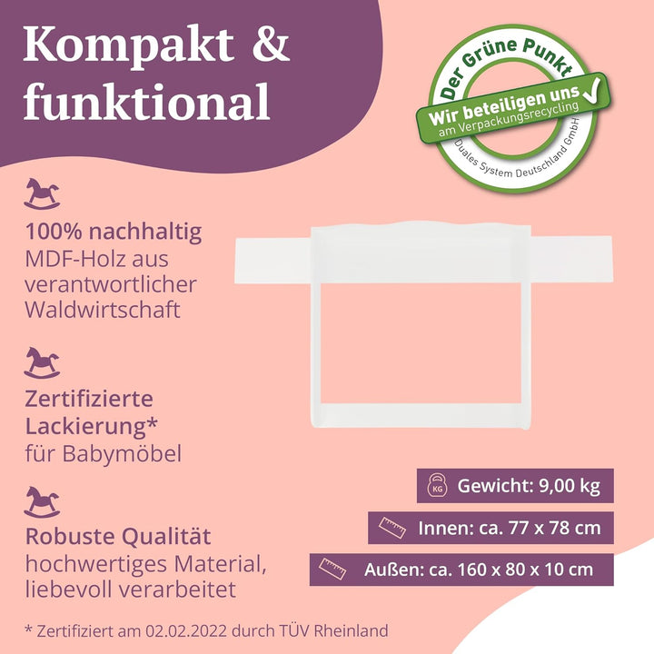 Puckdaddy Wickelaufsatz Emil | 160x80x15 cm | MDF-Holz in Weiss | hochwertiger Wickeltischaufsatz |
