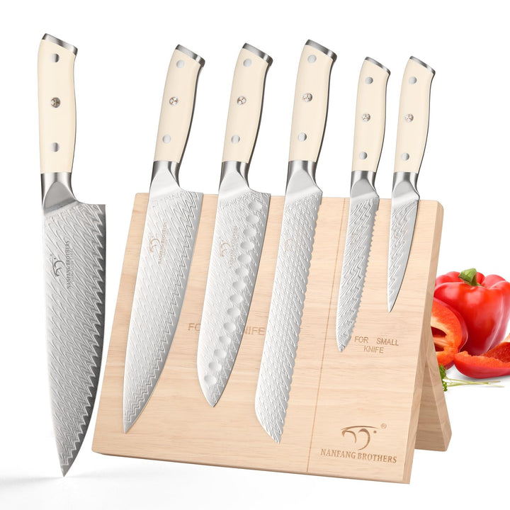 NANFANG BROTHERS Küchenmesser Set, 6 Stück Damaszener Stahl VG10 Küchenmesser Set mit Holz Magnetisc